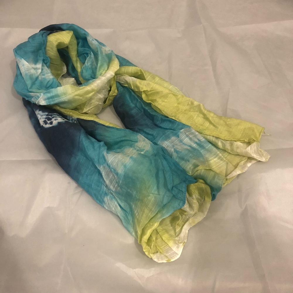 NWOT Blue and yellow tie dye raw-silk poly scarf